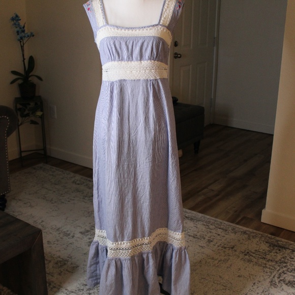 Christophe Sauvat Dresses & Skirts - Blue and White Striped Maxi with Crochet Detail